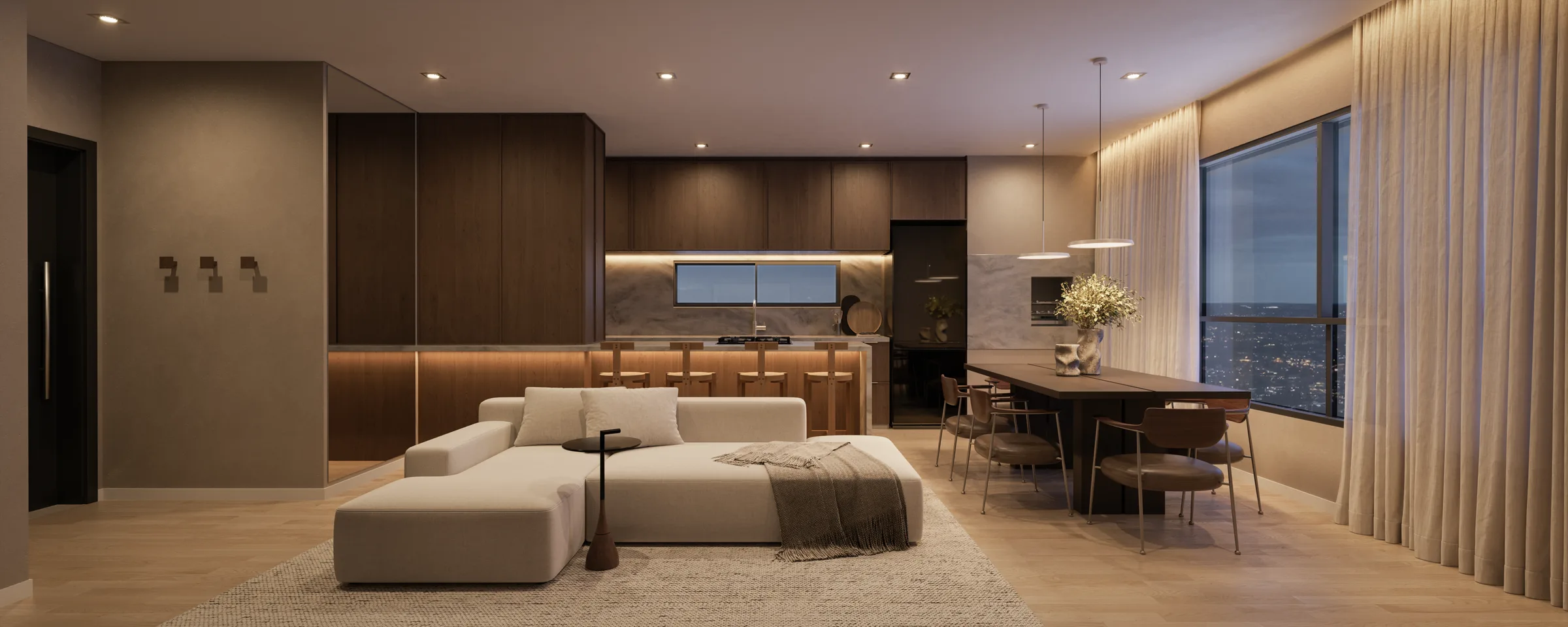 Ares — Renderização 3D do living do apartamento