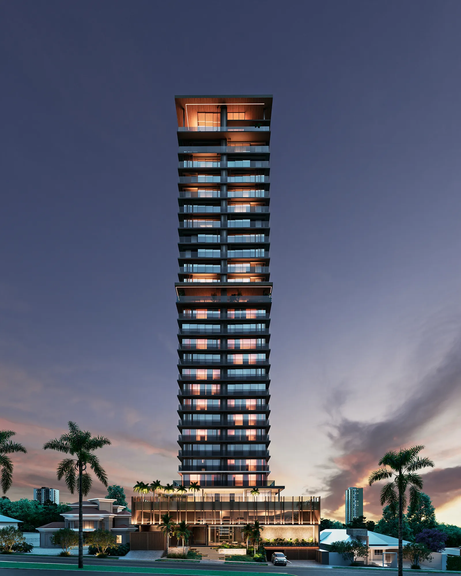 Mirage Sky Houses — Renderização 3D da fachada do edifício à noite